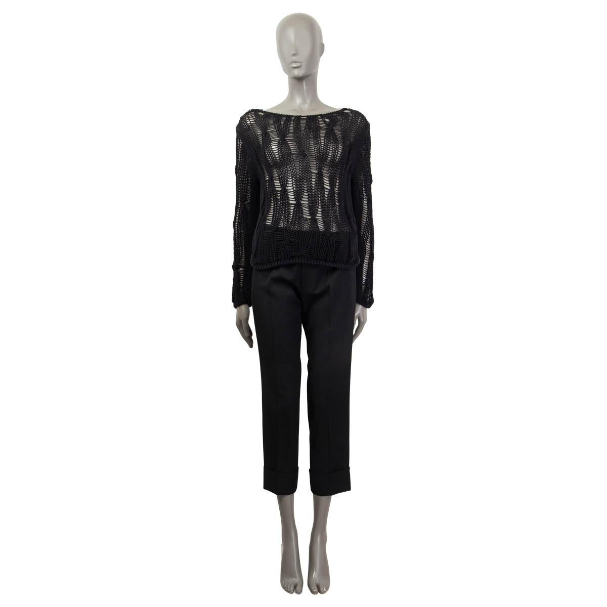 Black SAINT LAURENT black cotton blend 2014 OPEN KNIT BOATNECK Sweater S For Sale