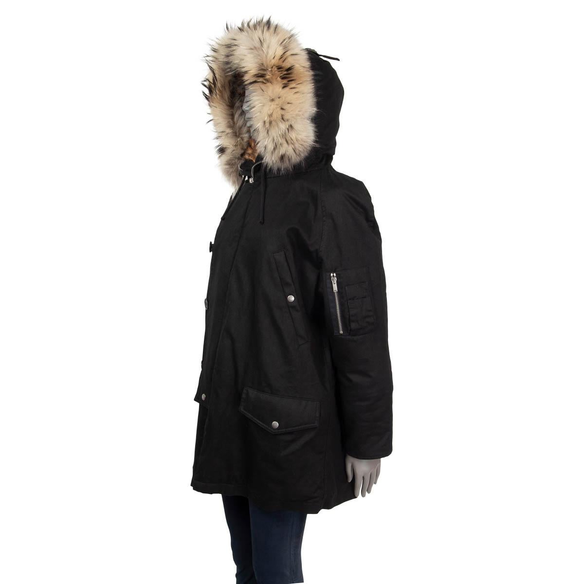 Black SAINT LAURENT black cotton FUR LINED HOODED Parka Coat Jacket 36 XS For Sale