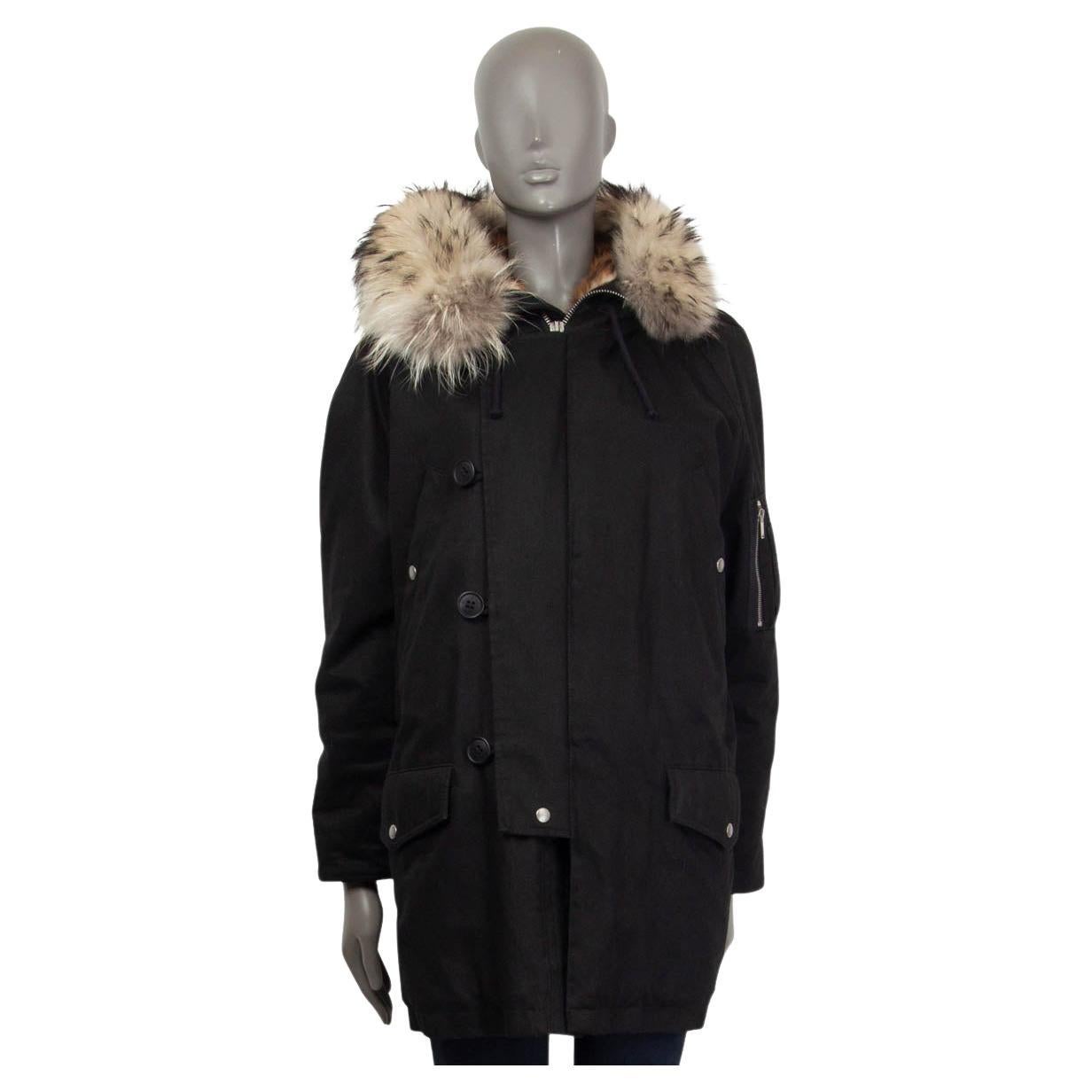SAINT LAURENT black cotton FUR LINED HOODED Parka Coat Jacket 36 XS For Sale