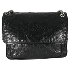 Saint Laurent Black Crinkle Vintage Leather Medium Niki Chain Bag