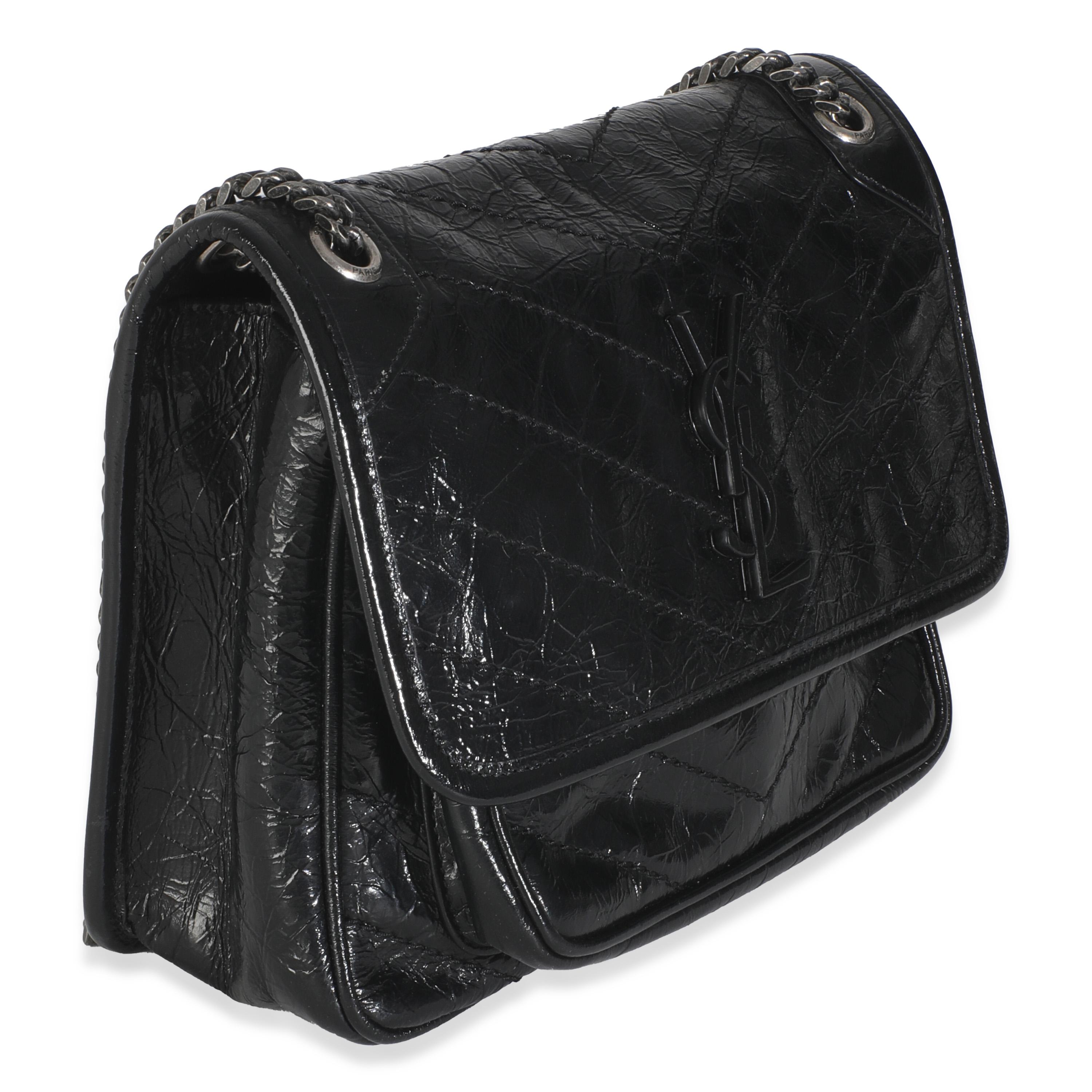 Saint Laurent Black Crinkled Calfskin Matelasse Baby Niki Chain Satchel In Excellent Condition For Sale In New York, NY