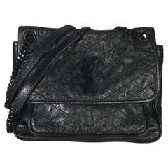 Saint Laurent Black Crinkled Calfskin Matelasse Medium Niki Chain Satchel
