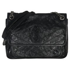 Saint Laurent Black Crinkled Calfskin Matelasse Medium Niki Chain Satchel