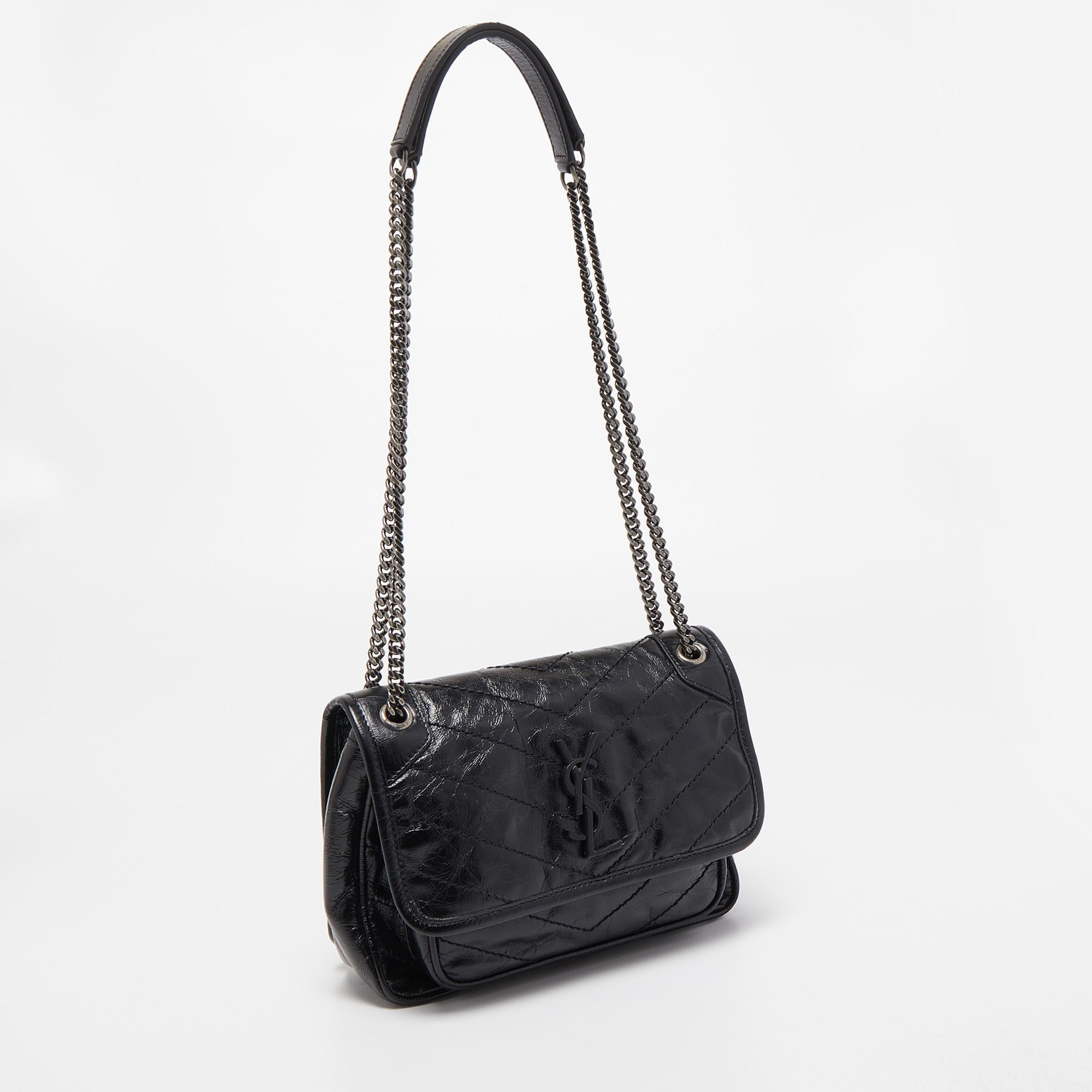 Women's Saint Laurent Black Crinkled Leather Baby Niki Chain Shoulder Bag