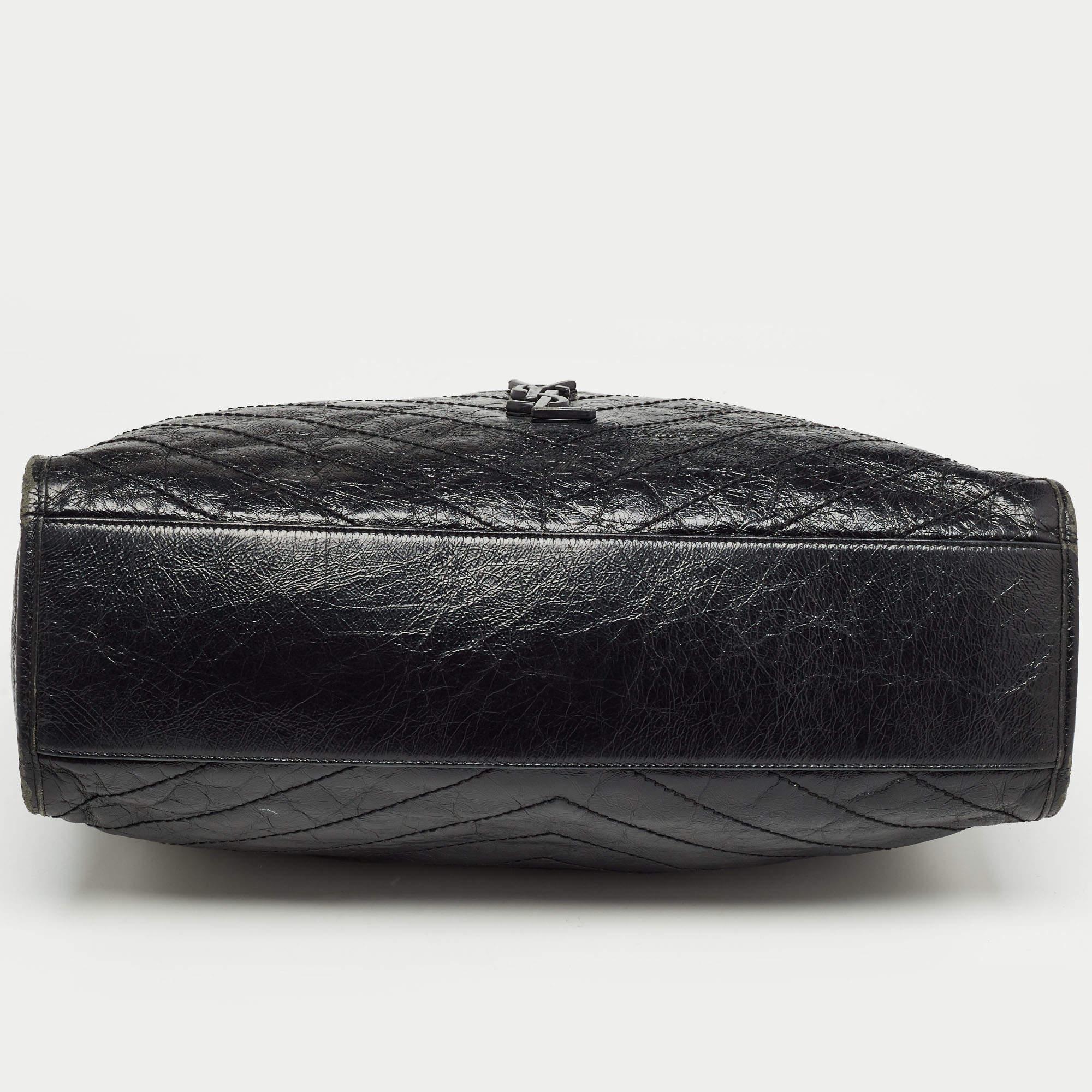 Saint Laurent Black Crinkled Leather Large Niko Shopper Tote For Sale 4