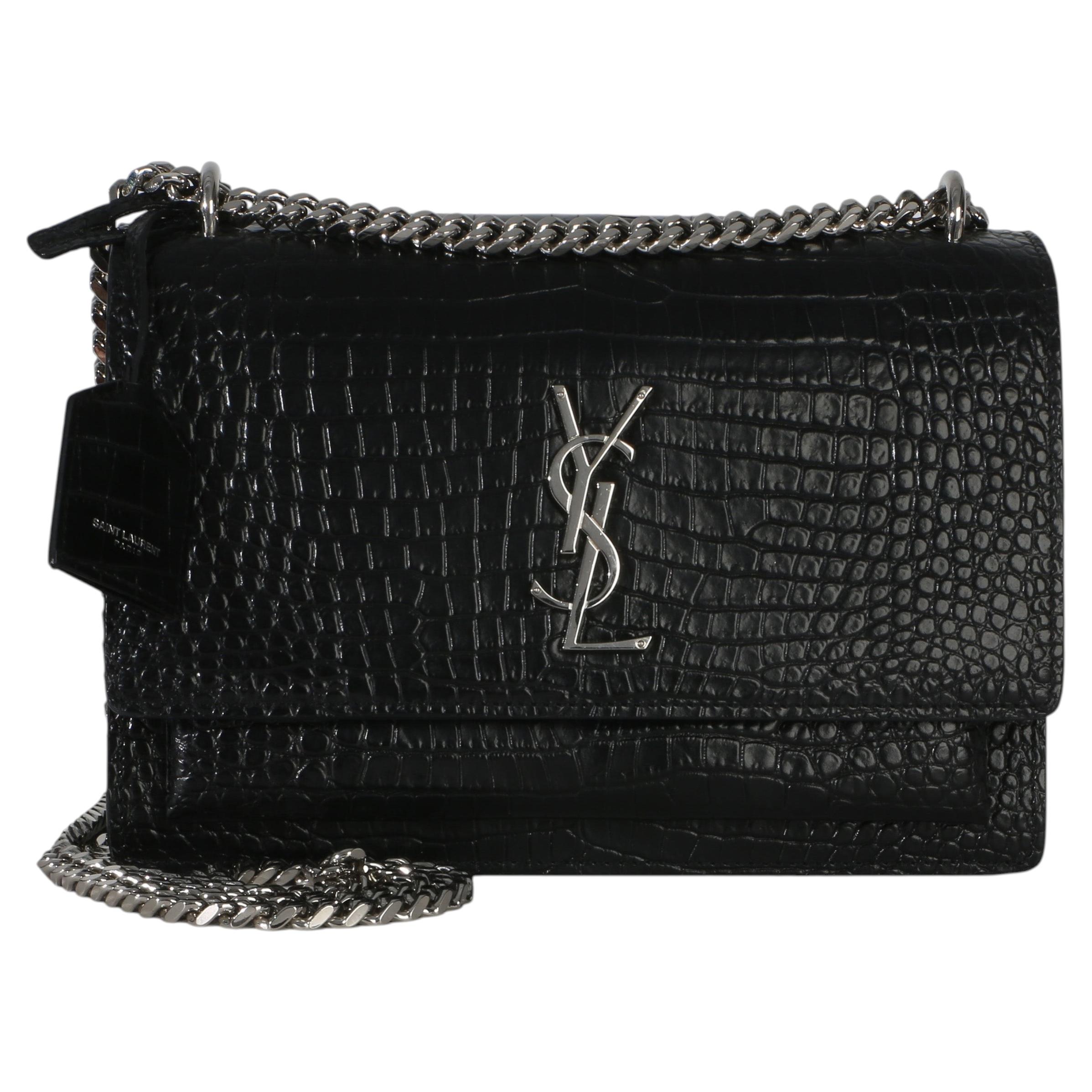 Saint Laurent Borsa media Monogram Sunset in pelle di vitello nera goffrata a coccodrillo