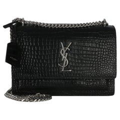 Saint Laurent Black Croc Embossed Calfskin Medium Monogram Sunset Bag