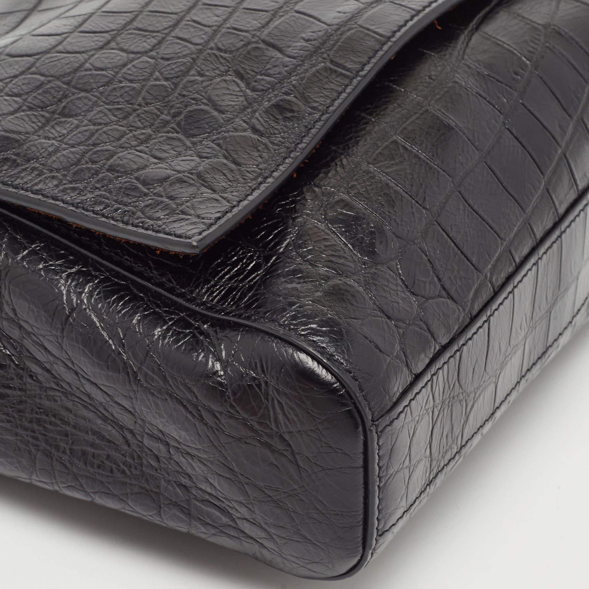 Saint Laurent Black Croc Embossed Leather and Suede Reversible Kate Bag 8