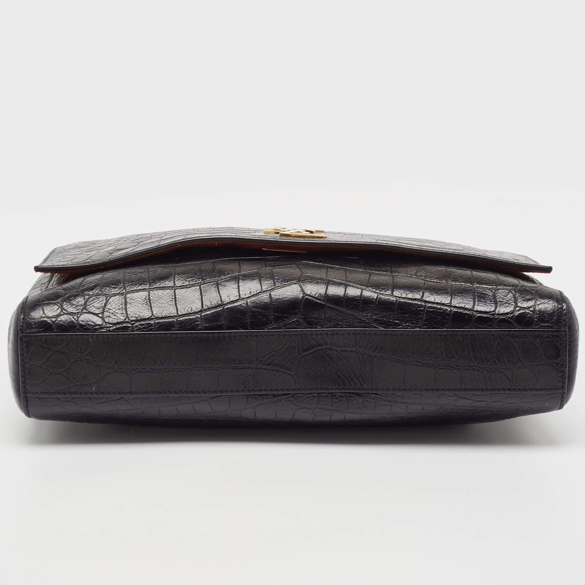Saint Laurent Black Croc Embossed Leather and Suede Reversible Kate Bag In Good Condition In Dubai, Al Qouz 2