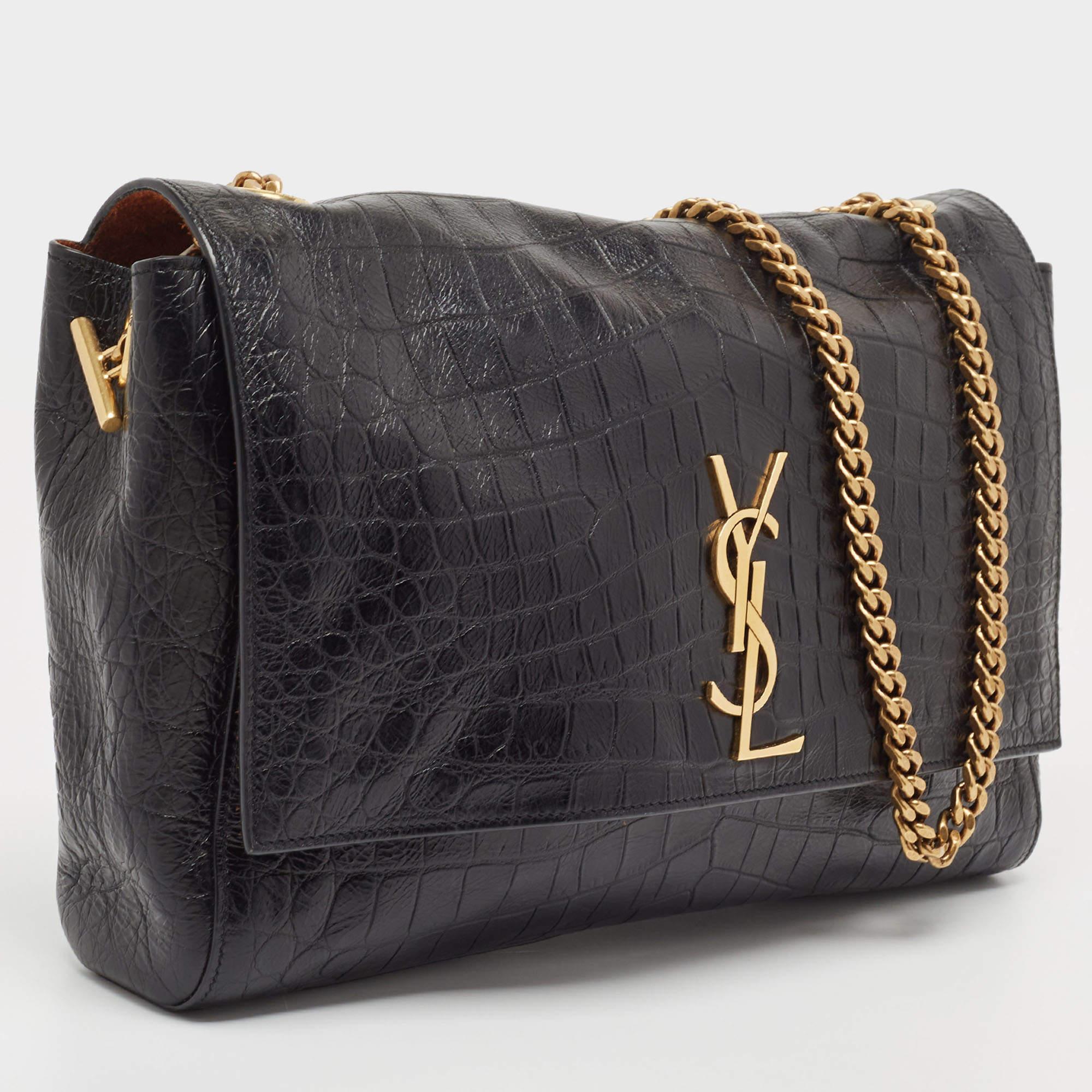 Women's Saint Laurent Black Croc Embossed Leather and Suede Reversible Kate Bag