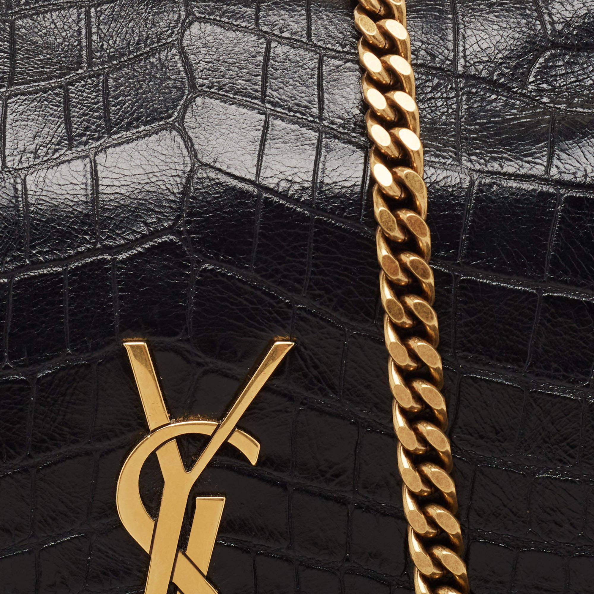 Saint Laurent Black Croc Embossed Leather and Suede Reversible Kate Bag 1
