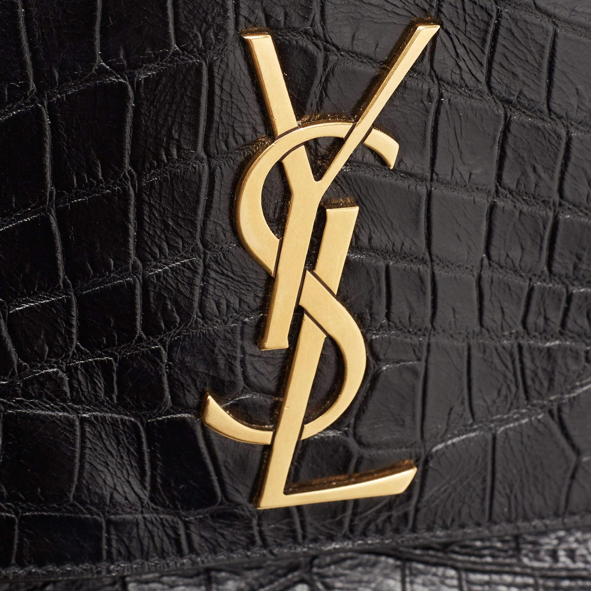 Saint Laurent Black Croc Embossed Leather and Suede Reversible Kate Bag 2
