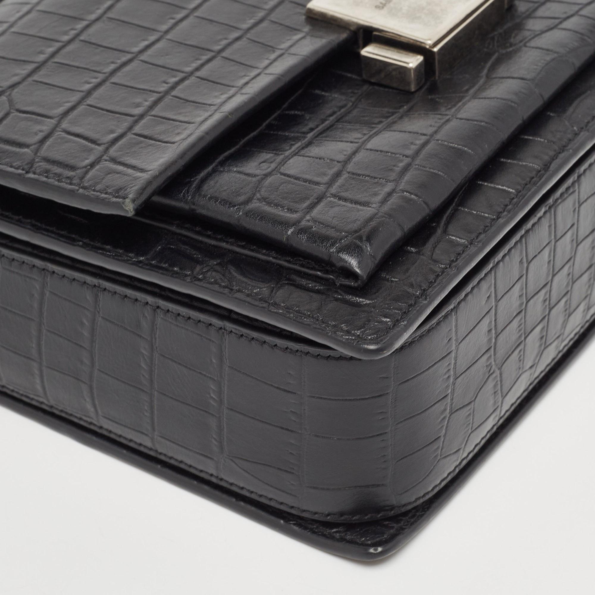 Saint Laurent Black Croc Embossed Leather Bellechasse Top Handle Bag 7
