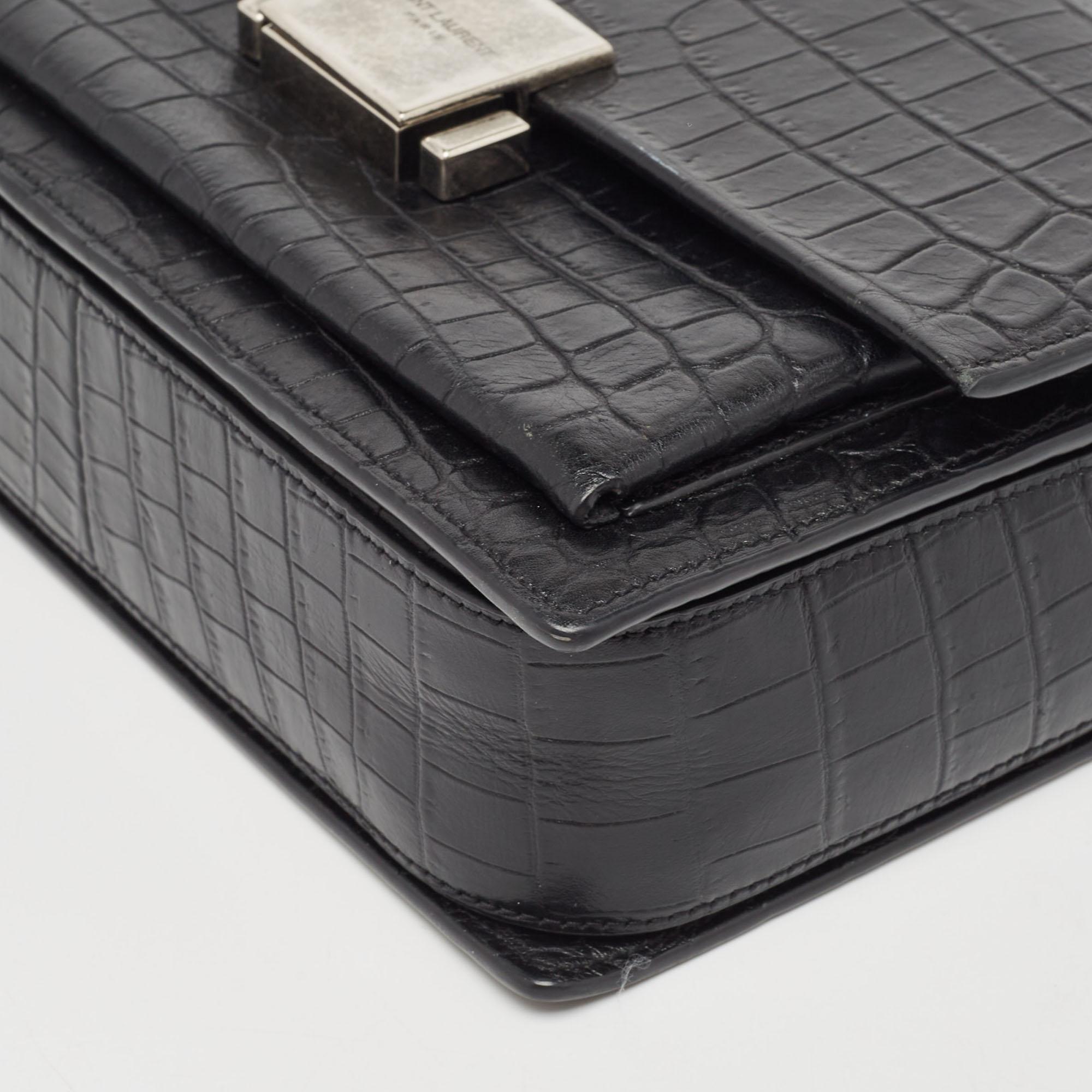 Saint Laurent Black Croc Embossed Leather Bellechasse Top Handle Bag 8