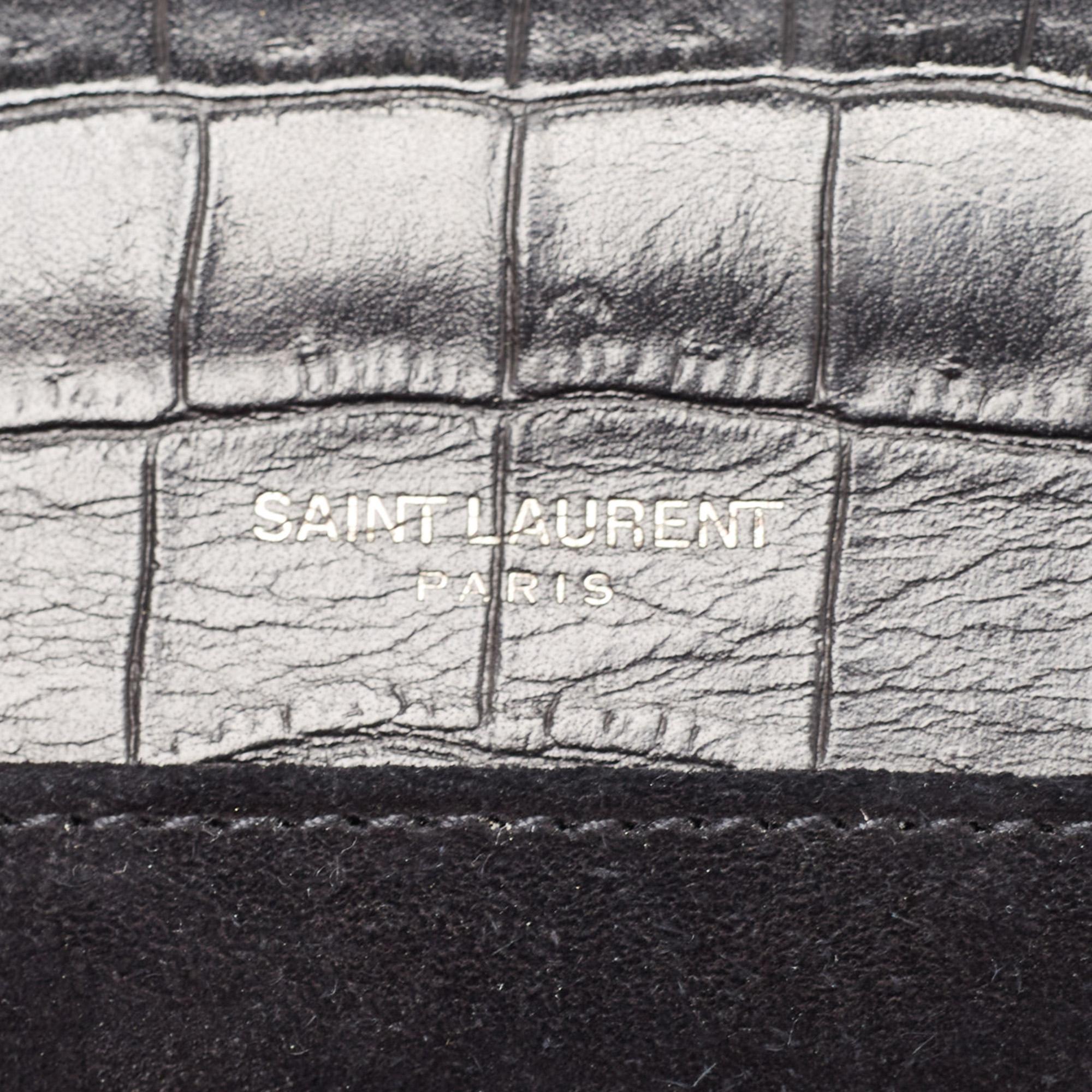 Saint Laurent Black Croc Embossed Leather Bellechasse Top Handle Bag In Excellent Condition In Dubai, Al Qouz 2