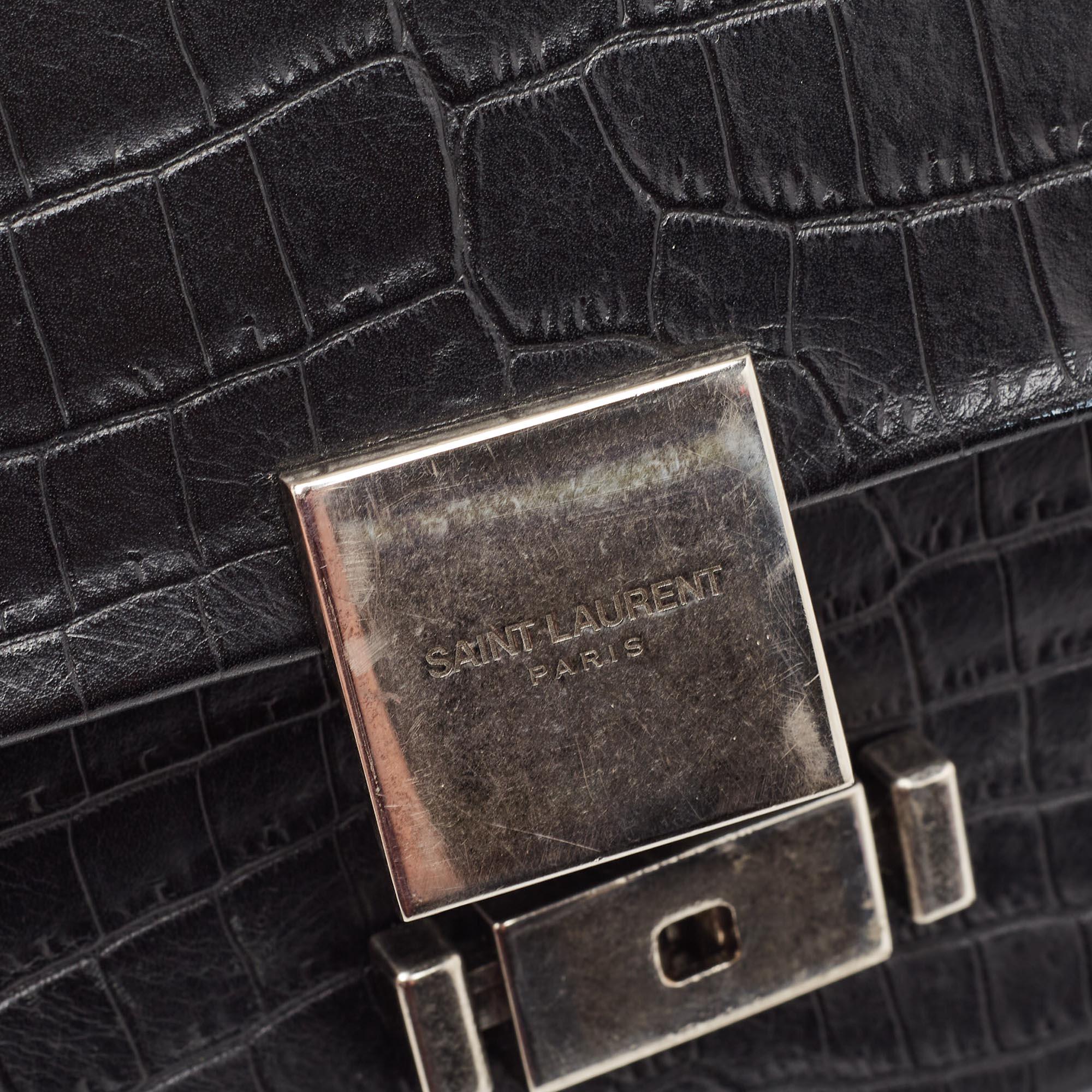 Saint Laurent Black Croc Embossed Leather Bellechasse Top Handle Bag 2