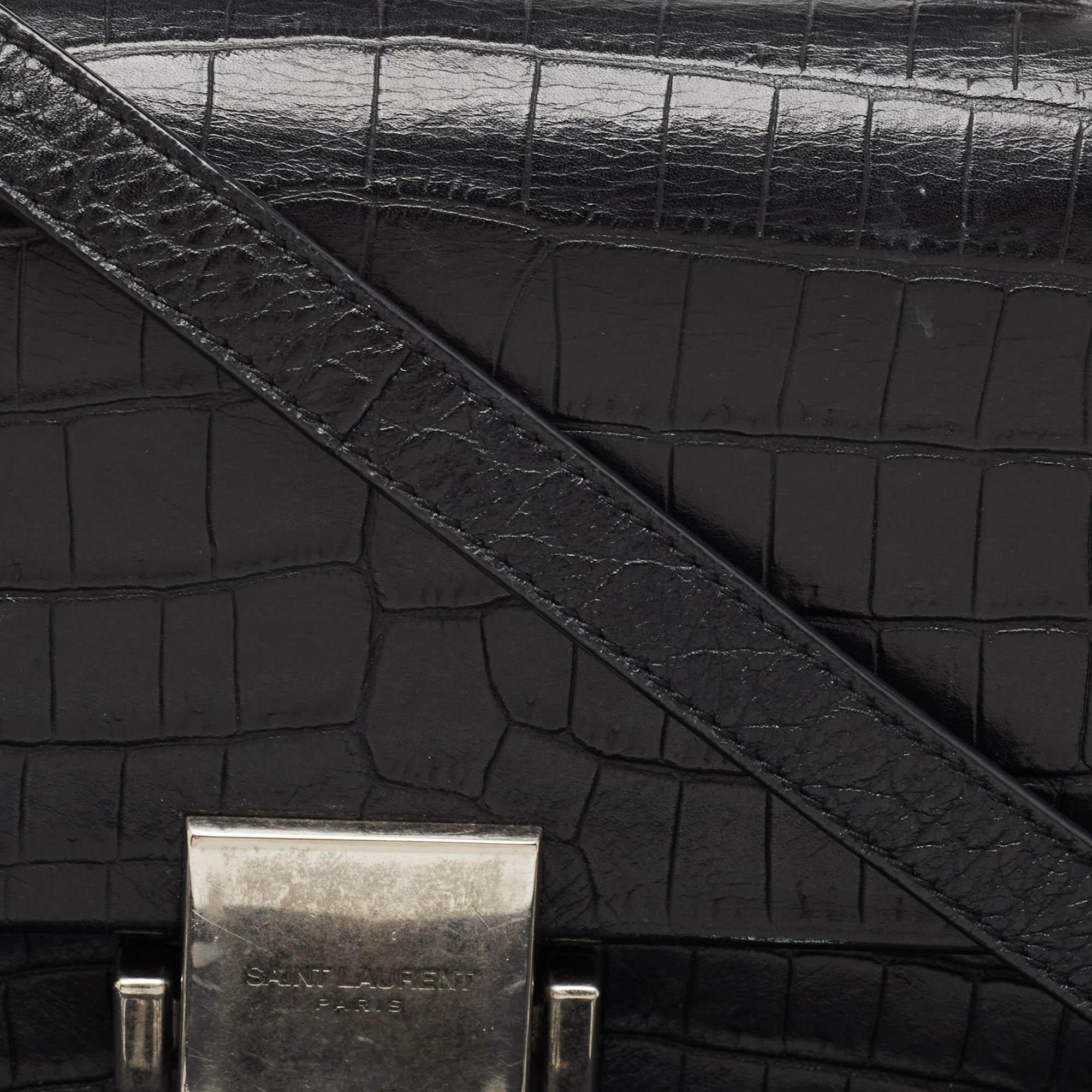 Saint Laurent Black Croc Embossed Leather Bellechasse Top Handle Bag 4