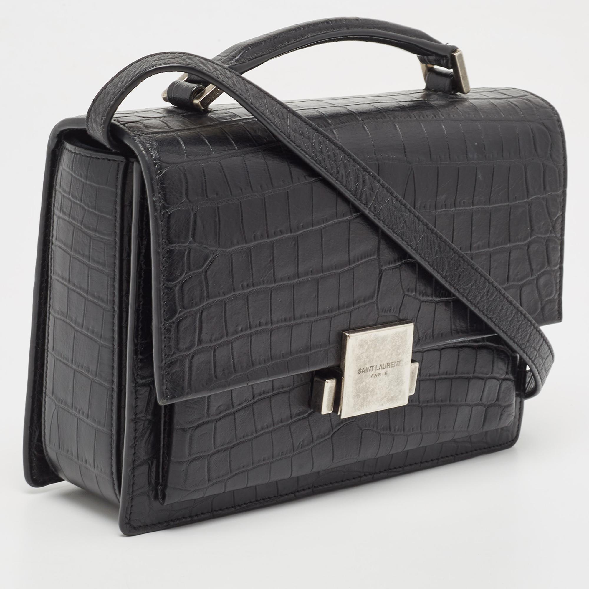 Saint Laurent Black Croc Embossed Leather Bellechasse Top Handle Bag 5