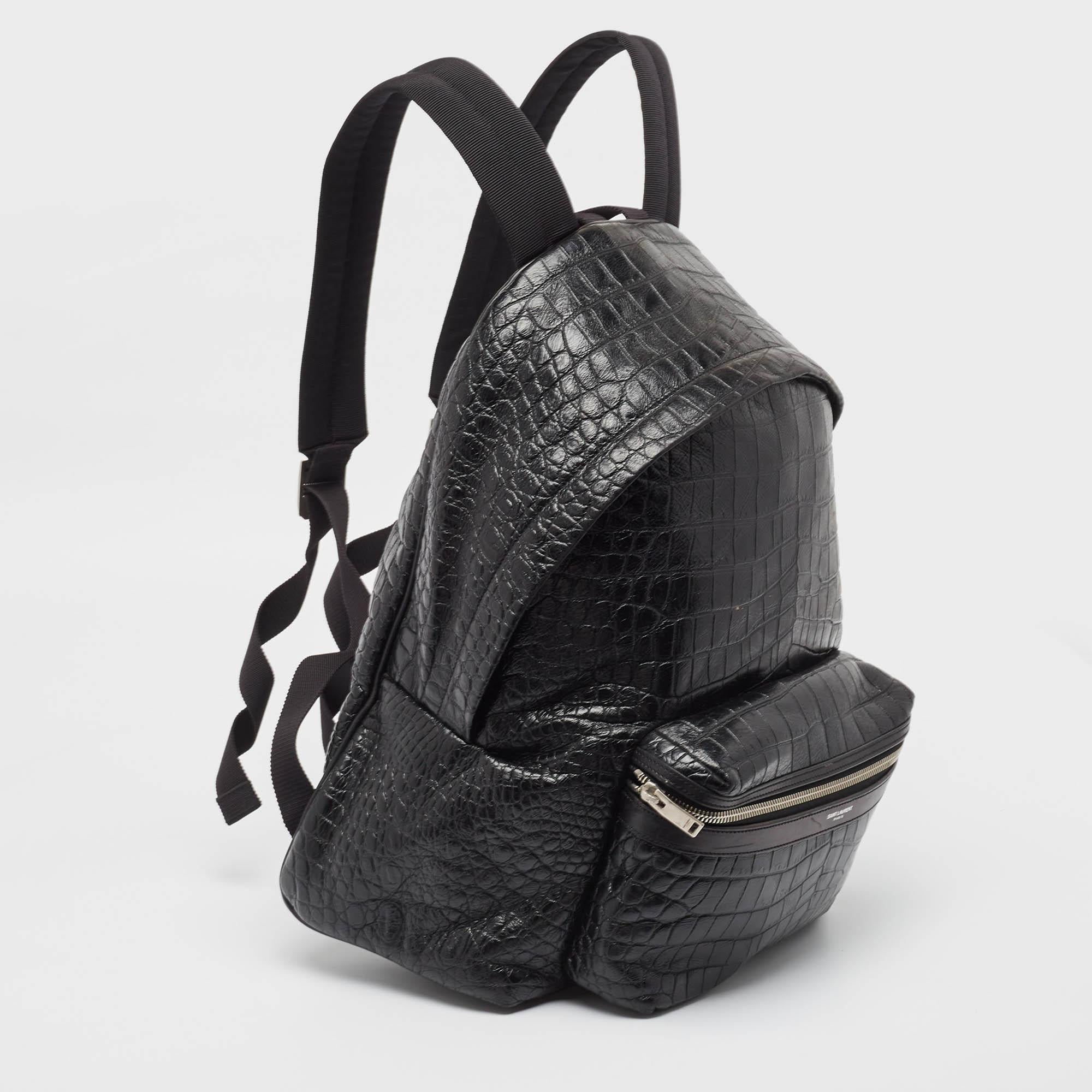  Saint Laurent Black Croc Embossed Leather City Backpack For Sale 6