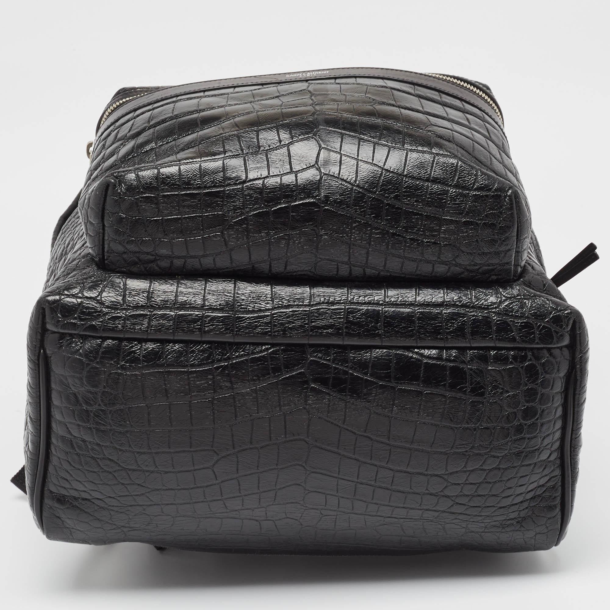  Saint Laurent Black Croc Embossed Leather City Backpack For Sale 5