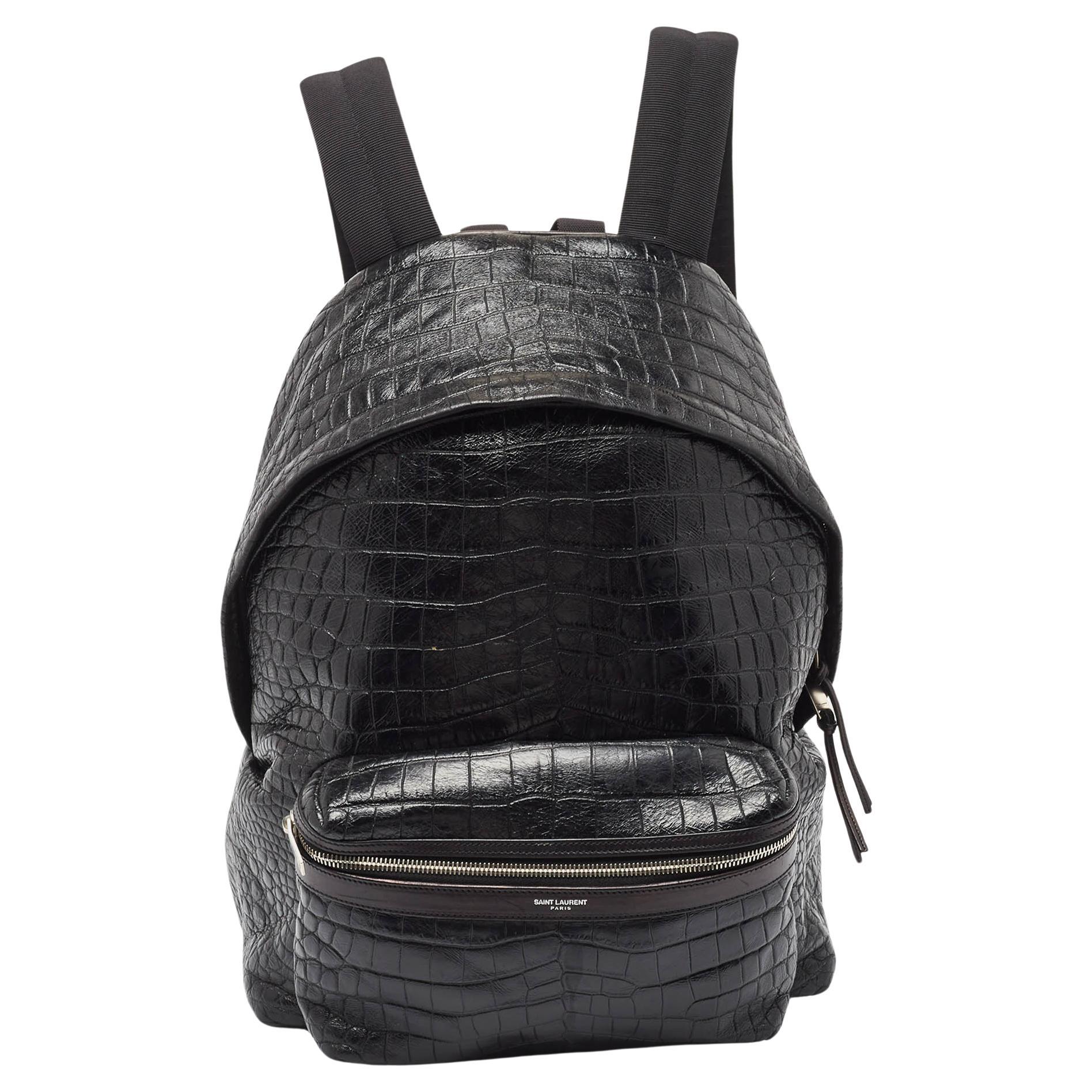 Saint Laurent Black Croc Embossed Leather City Backpack