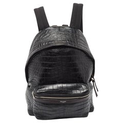 Used  Saint Laurent Black Croc Embossed Leather City Backpack