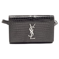 Saint Laurent Black Croc Embossed Leather Kate Belt Bag