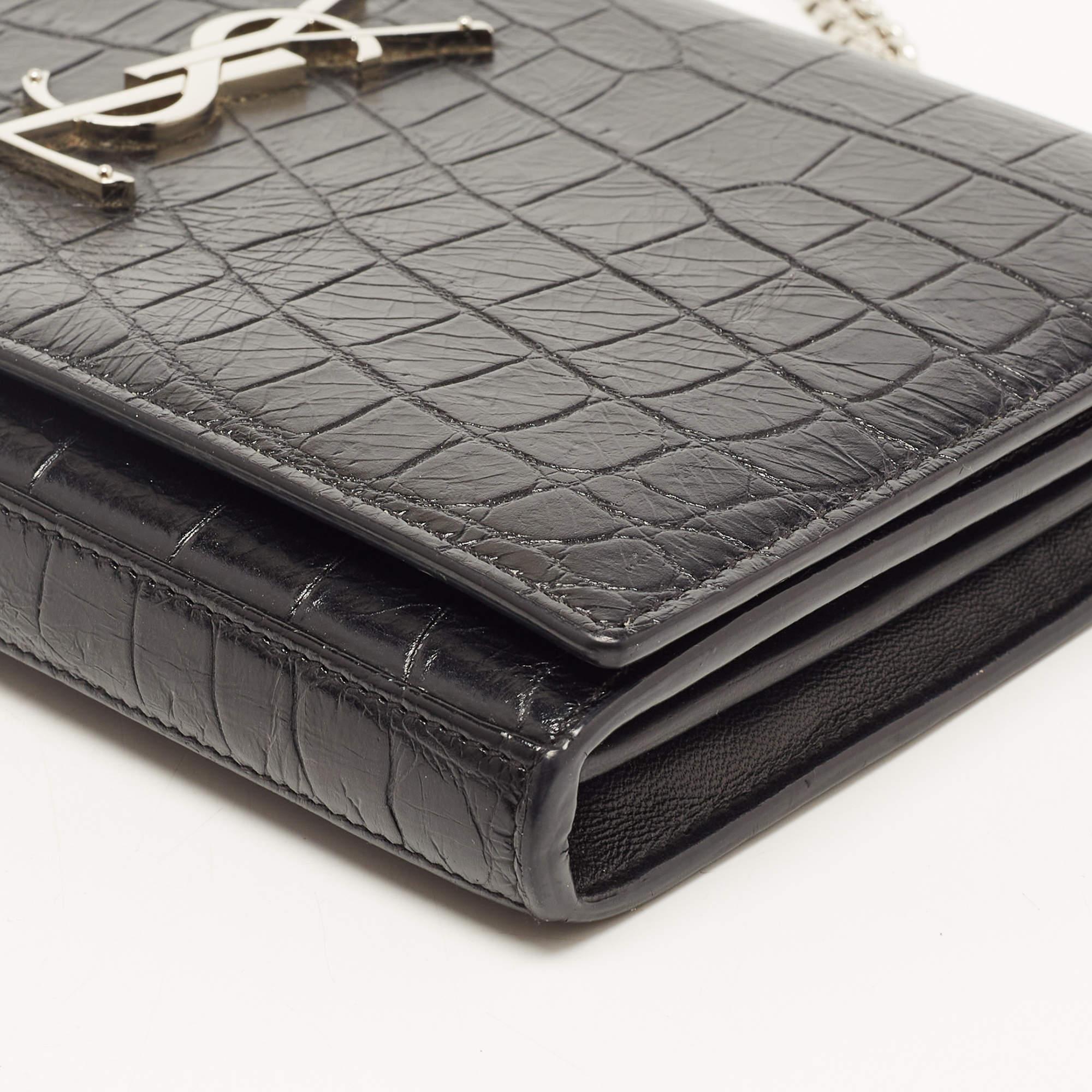 Saint Laurent Black Croc Embossed Leather Kate Clutch For Sale 2