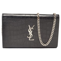 Used Saint Laurent Black Croc Embossed Leather Kate Clutch