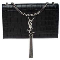 Saint Laurent Black Croc Embossed Leather Kate Monogram Shoulder Bag