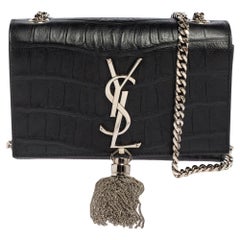 Saint Laurent Black Croc Embossed Leather Kate Shoulder Bag