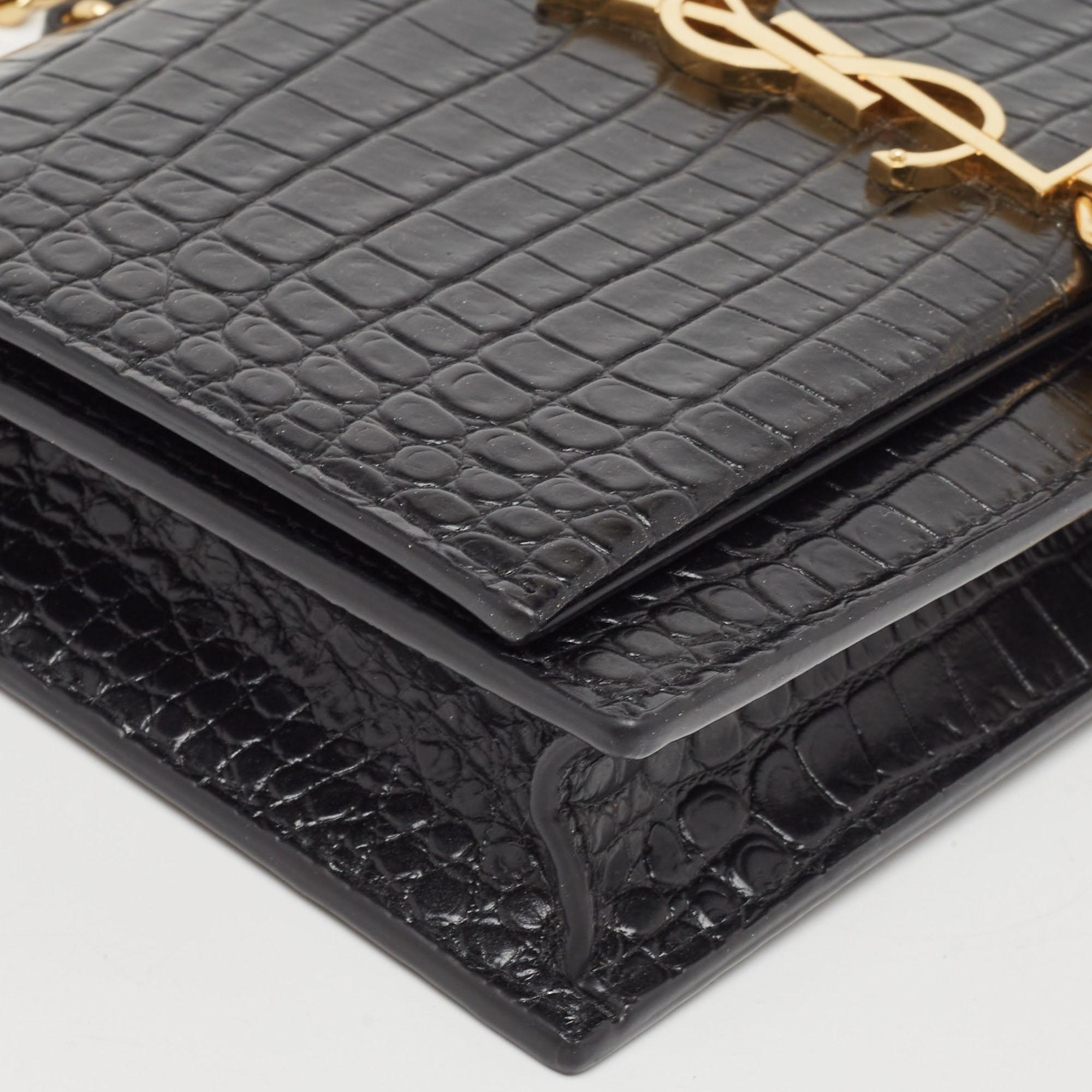 Saint Laurent Black Croc Embossed Leather Kate Tassel Chain Wallet 6