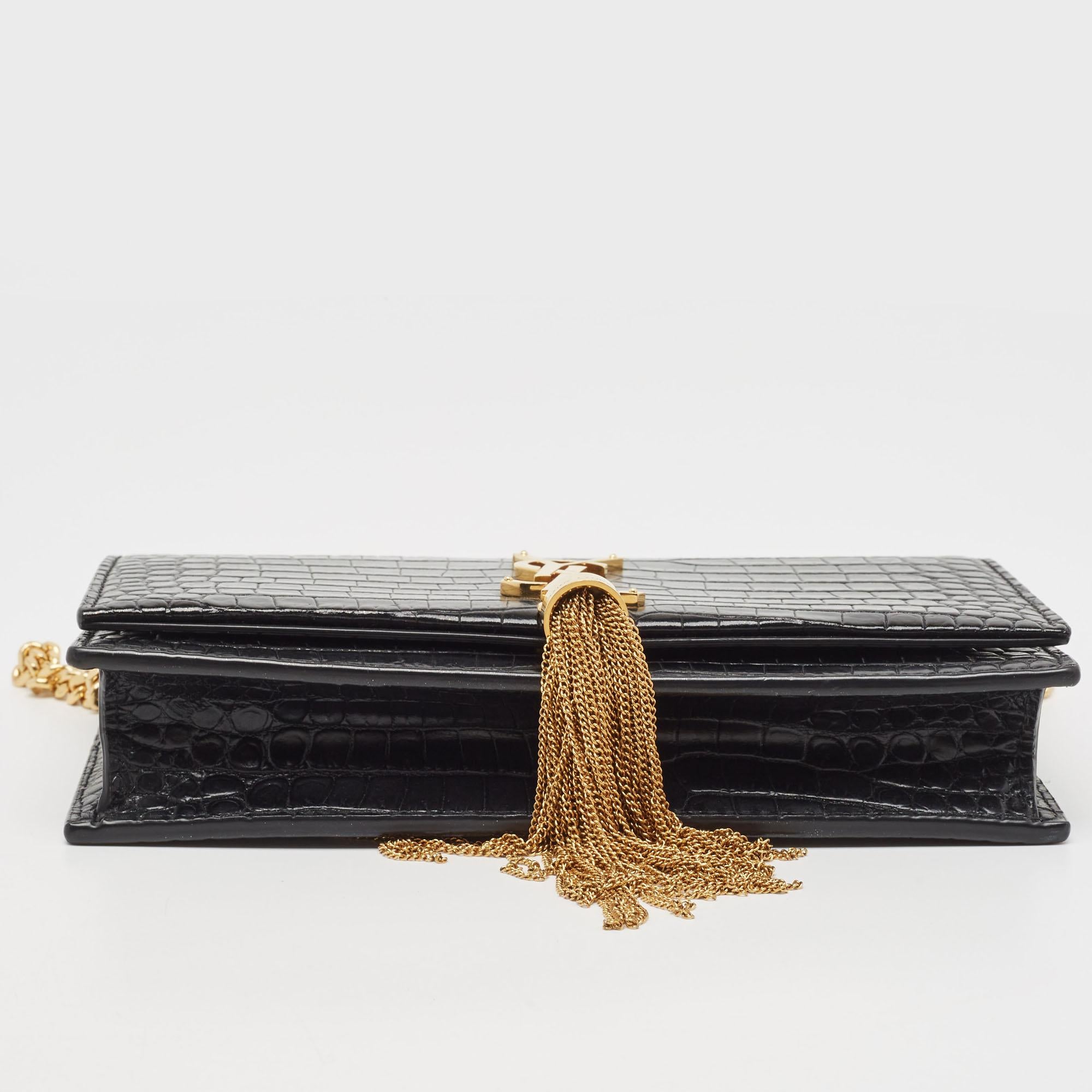 Saint Laurent Black Croc Embossed Leather Kate Tassel Chain Wallet 7