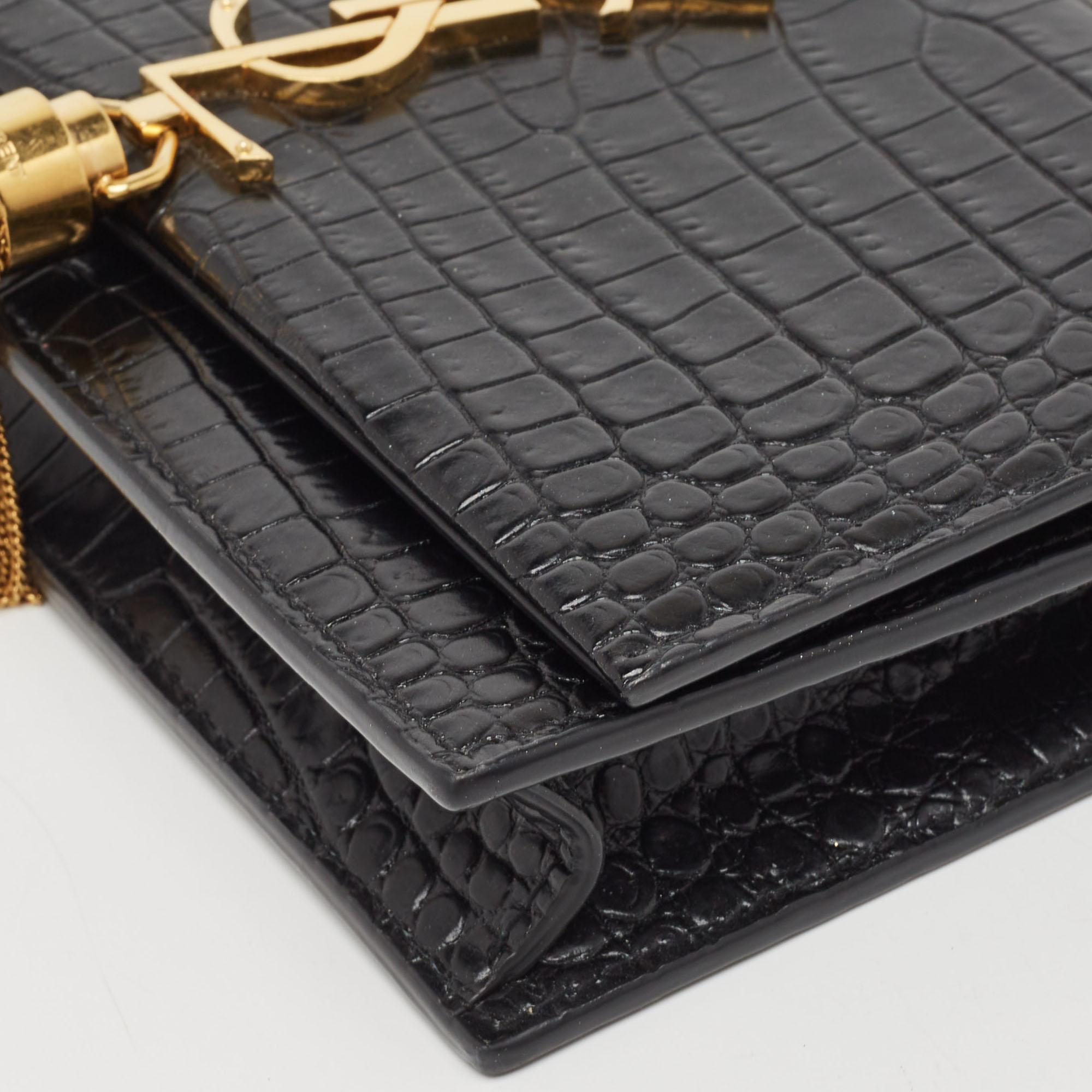 Saint Laurent Black Croc Embossed Leather Kate Tassel Chain Wallet 5