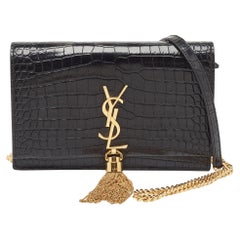 Saint Laurent Black Croc Embossed Leather Kate Tassel Chain Wallet