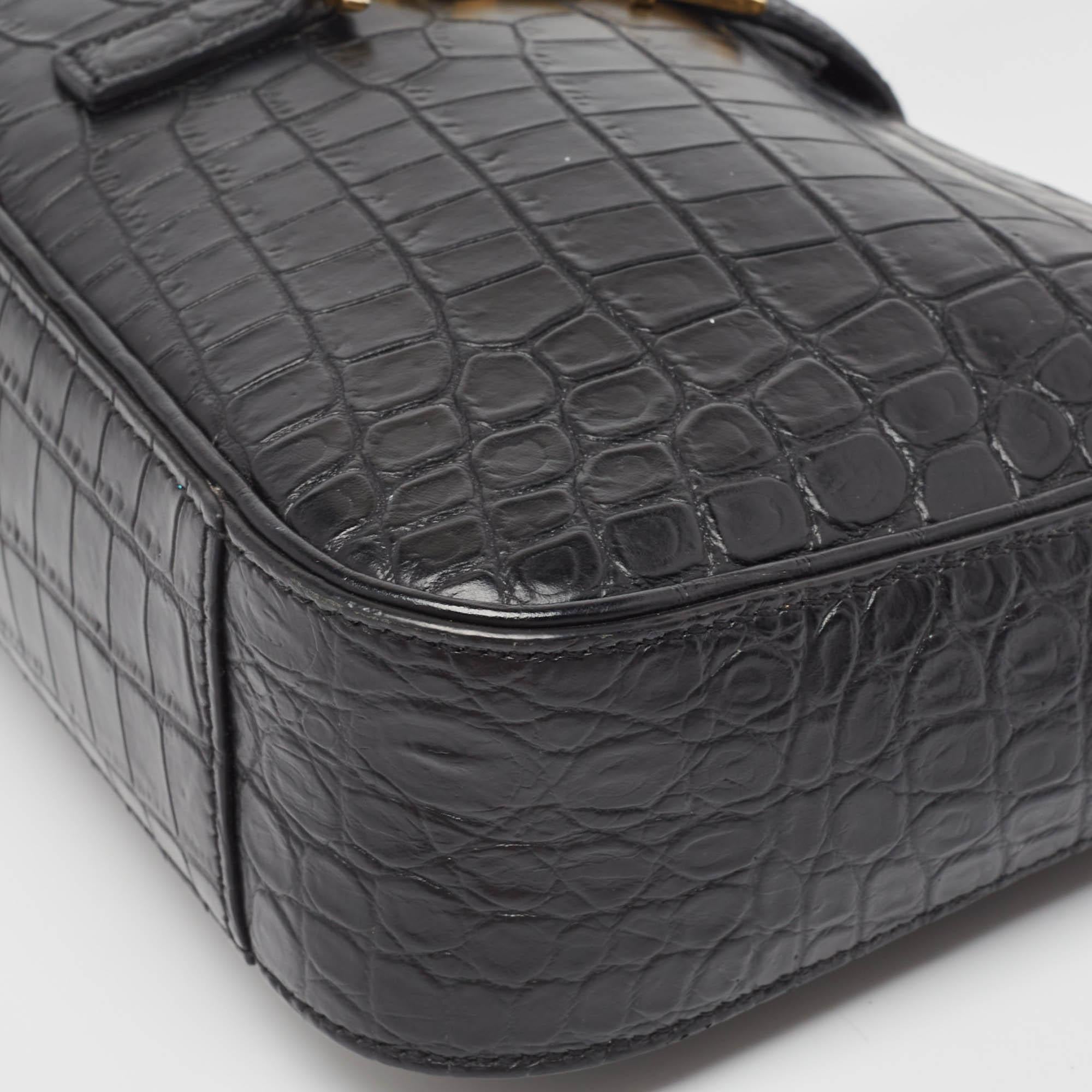 Saint Laurent Black Croc Embossed Leather Le 5 À 7 Hobo For Sale 2