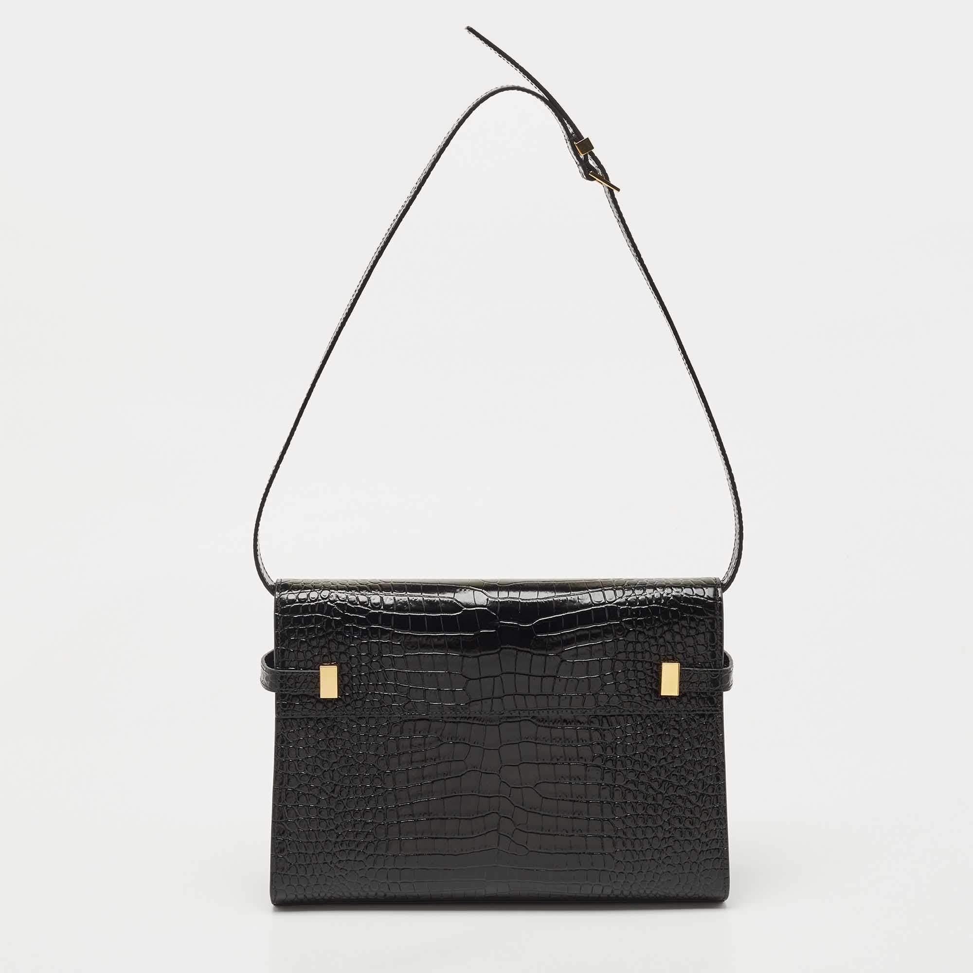 Women's Saint Laurent Black Croc Embossed Leather Manhattan Shoulder Bag
