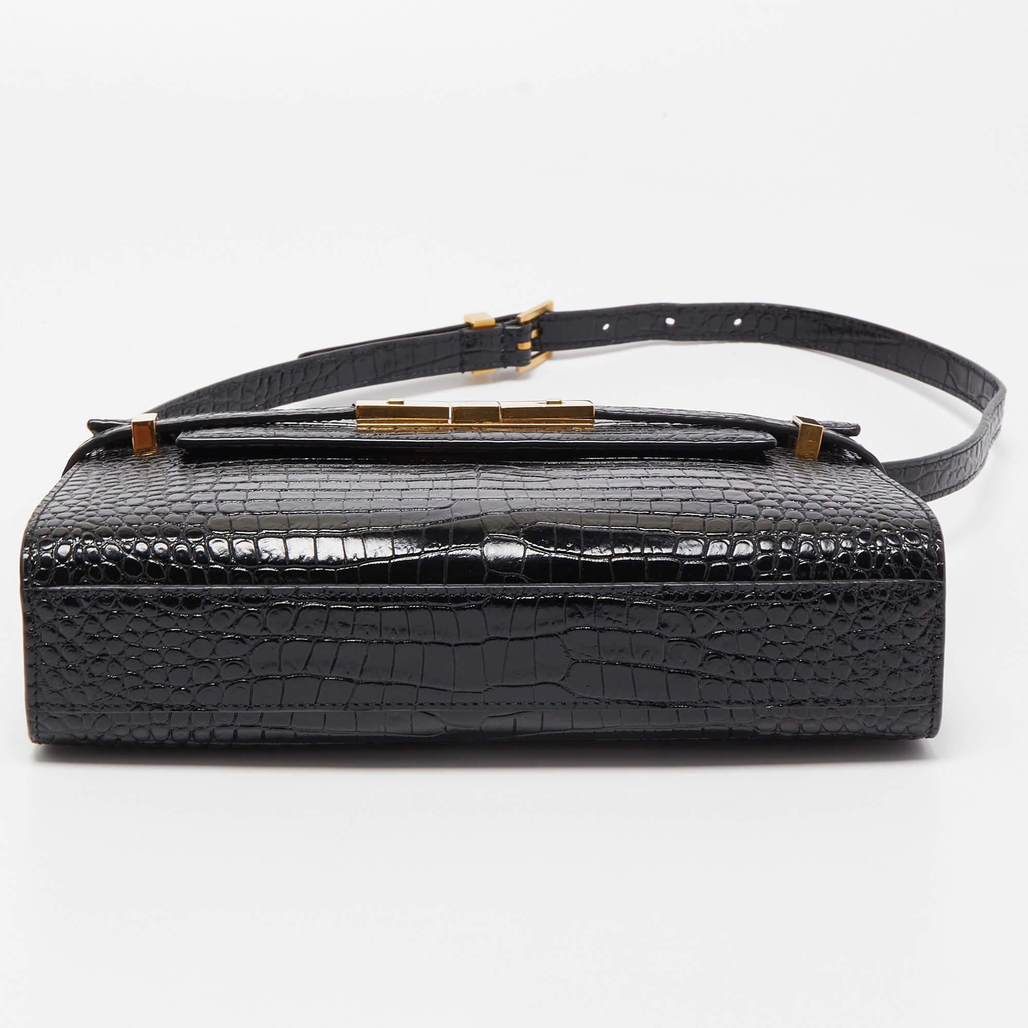 Saint Laurent Black Croc Embossed Leather Manhattan Shoulder Bag 1