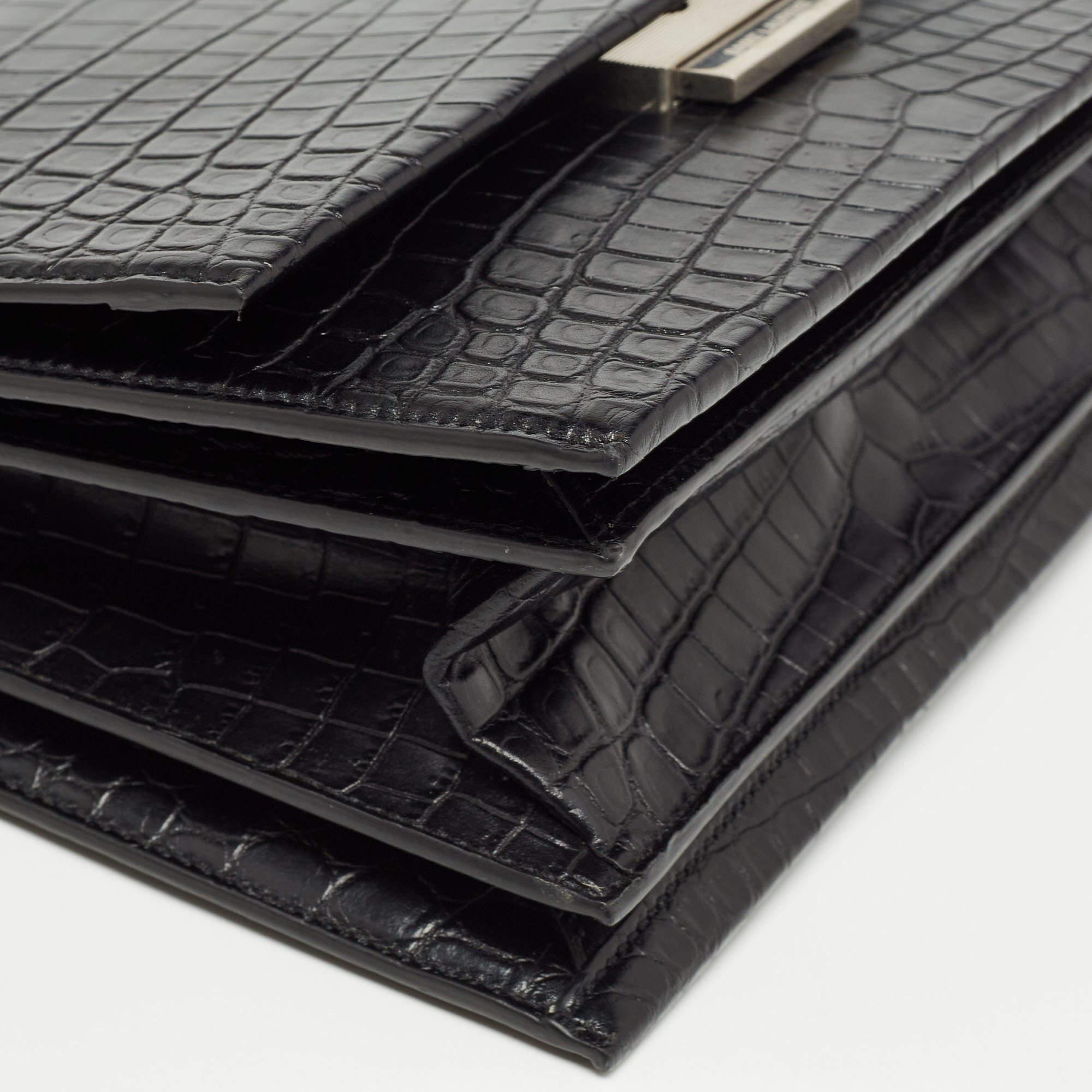 Saint Laurent Black Croc Embossed Leather Medium Babylone Top Handle Bag 1