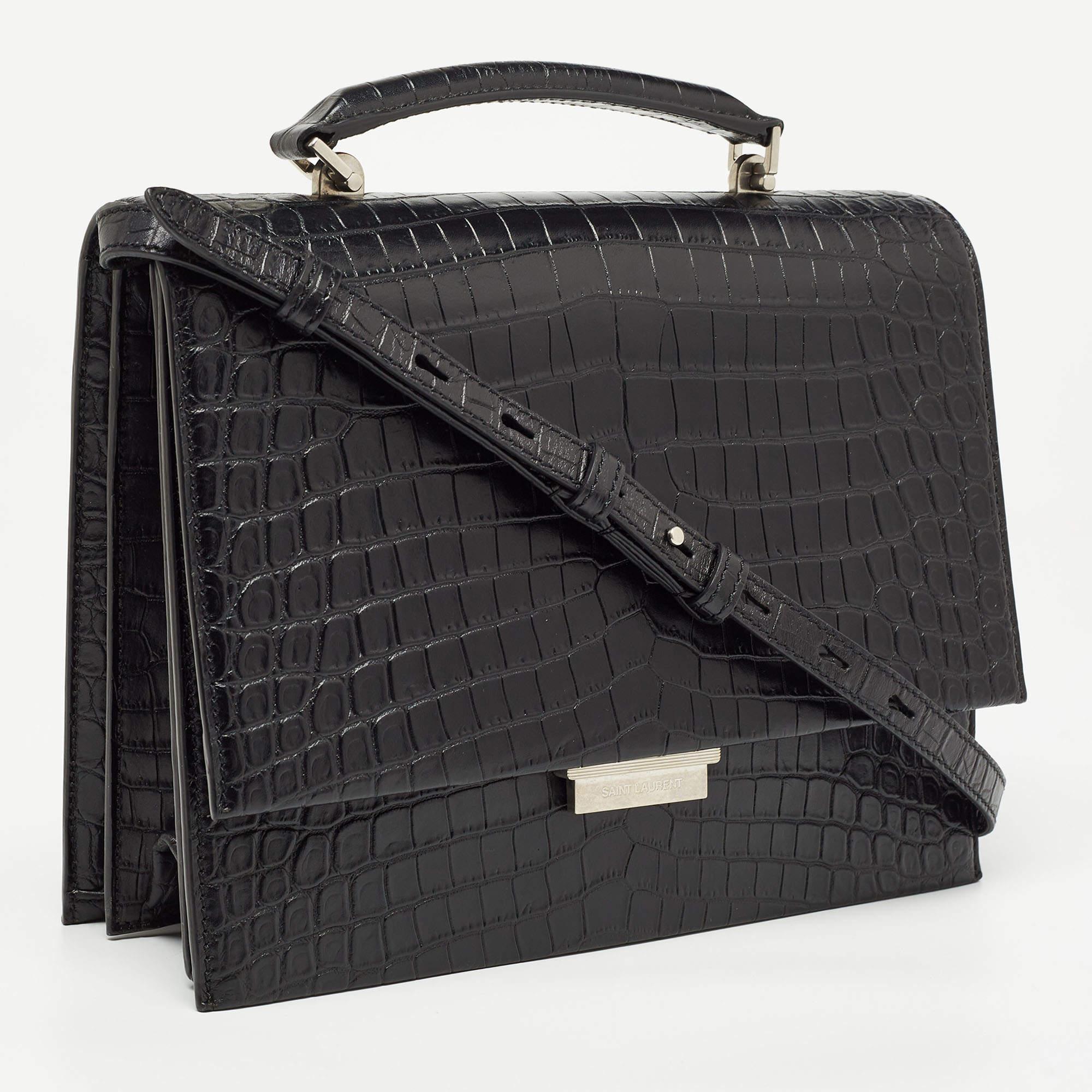 Saint Laurent Black Croc Embossed Leather Medium Babylone Top Handle Bag 2
