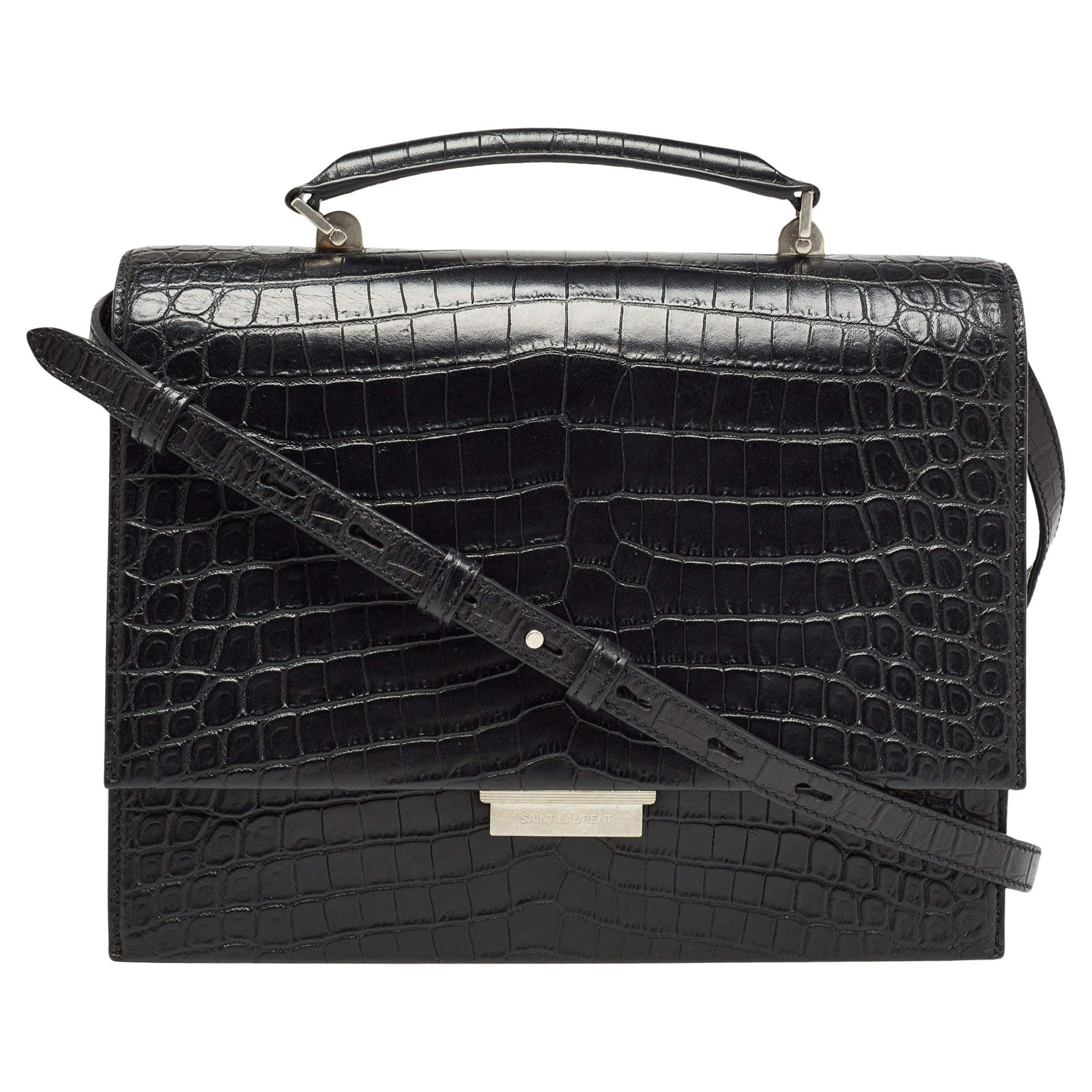 Saint Laurent Black Croc Embossed Leather Medium Babylone Top Handle Bag