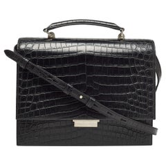 Saint Laurent Black Croc Embossed Medium Babylone Top Handle Bag
