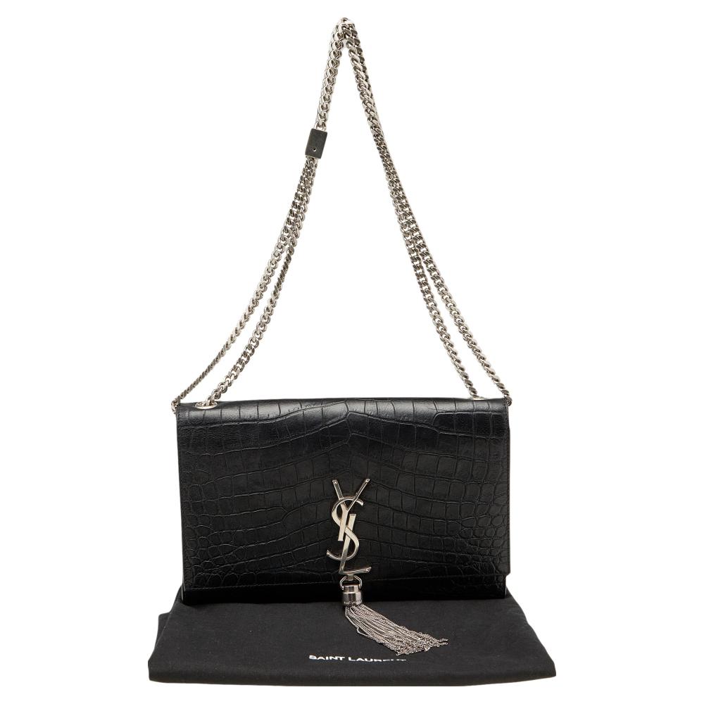 Saint Laurent Black Croc Embossed Leather Medium Kate Tassel Shoulder Bag 7