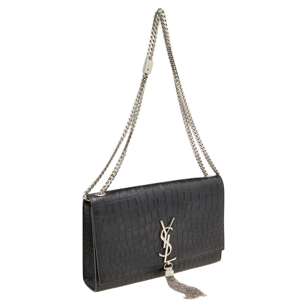 Women's Saint Laurent Black Croc Embossed Leather Medium Kate Tassel Shoulder Bag