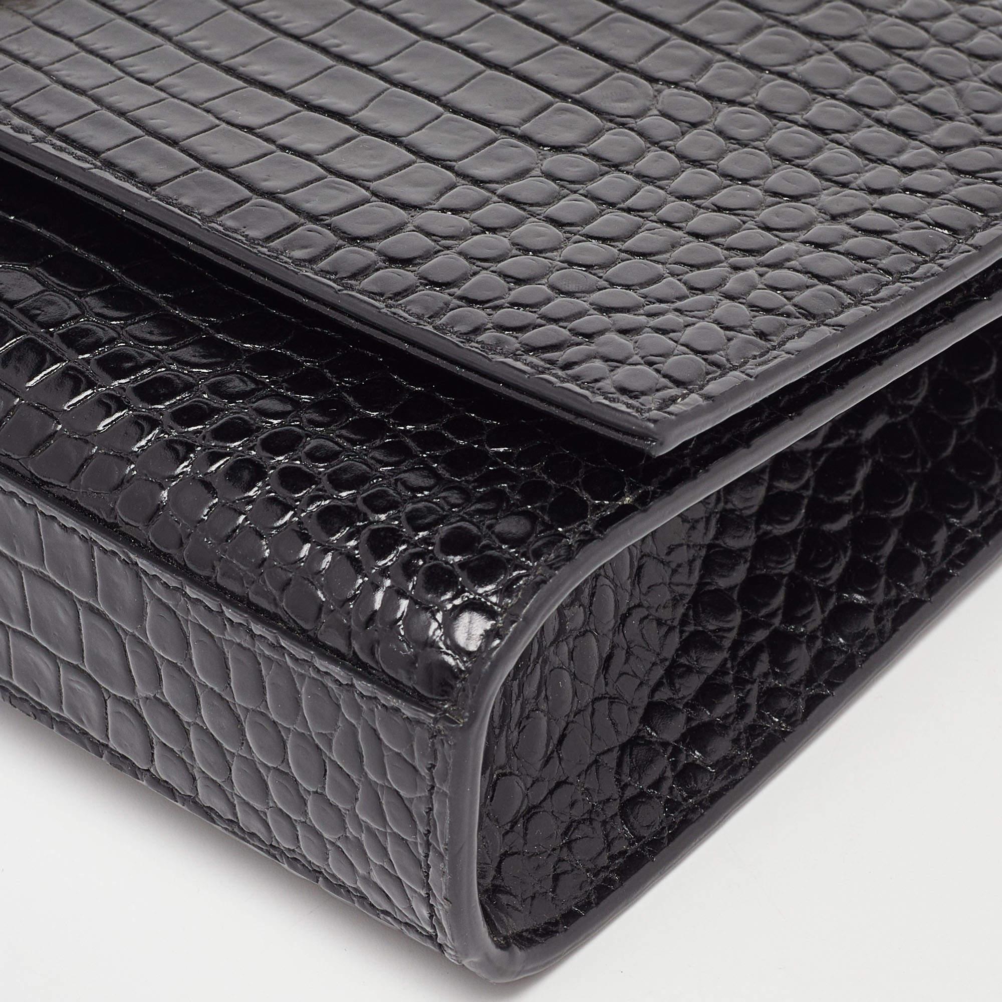 Women's Saint Laurent Black Croc Embossed Leather Medium Kate Tassel Shoulder Bag