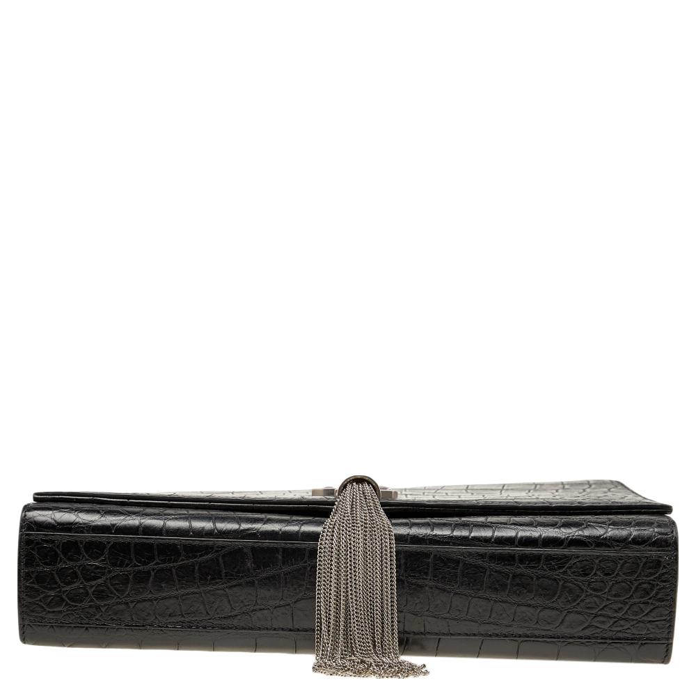 Saint Laurent Black Croc Embossed Leather Medium Kate Tassel Shoulder Bag 1