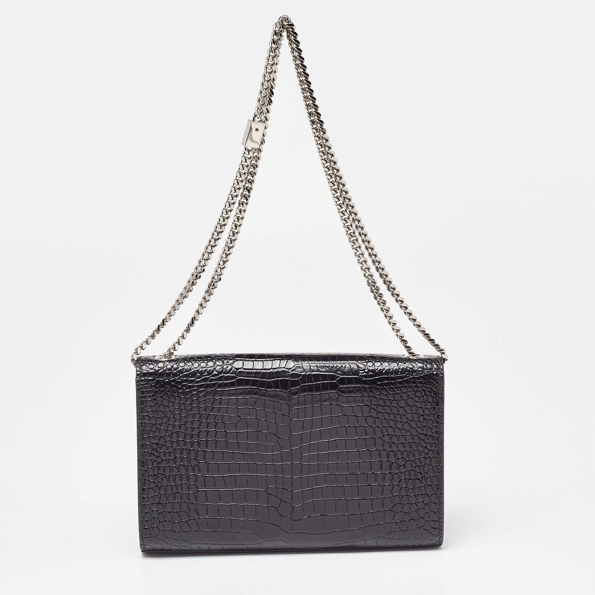 Saint Laurent Black Croc Embossed Leather Medium Kate Tassel Shoulder Bag 3