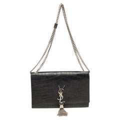 Saint Laurent Black Croc Embossed Leather Medium Kate Tassel Shoulder Bag