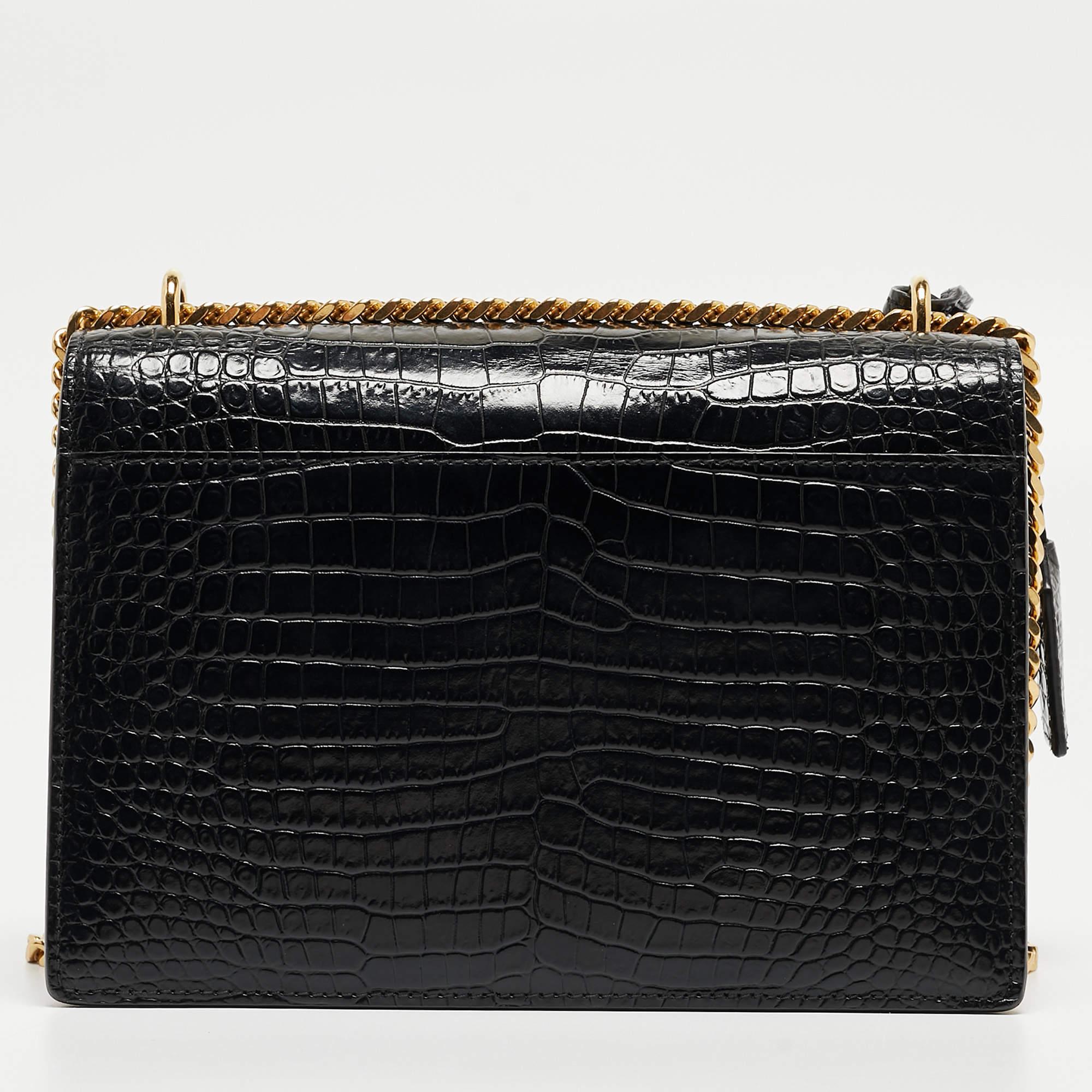 Saint Laurent Black Croc Embossed Leather Medium Sunset Bag 8