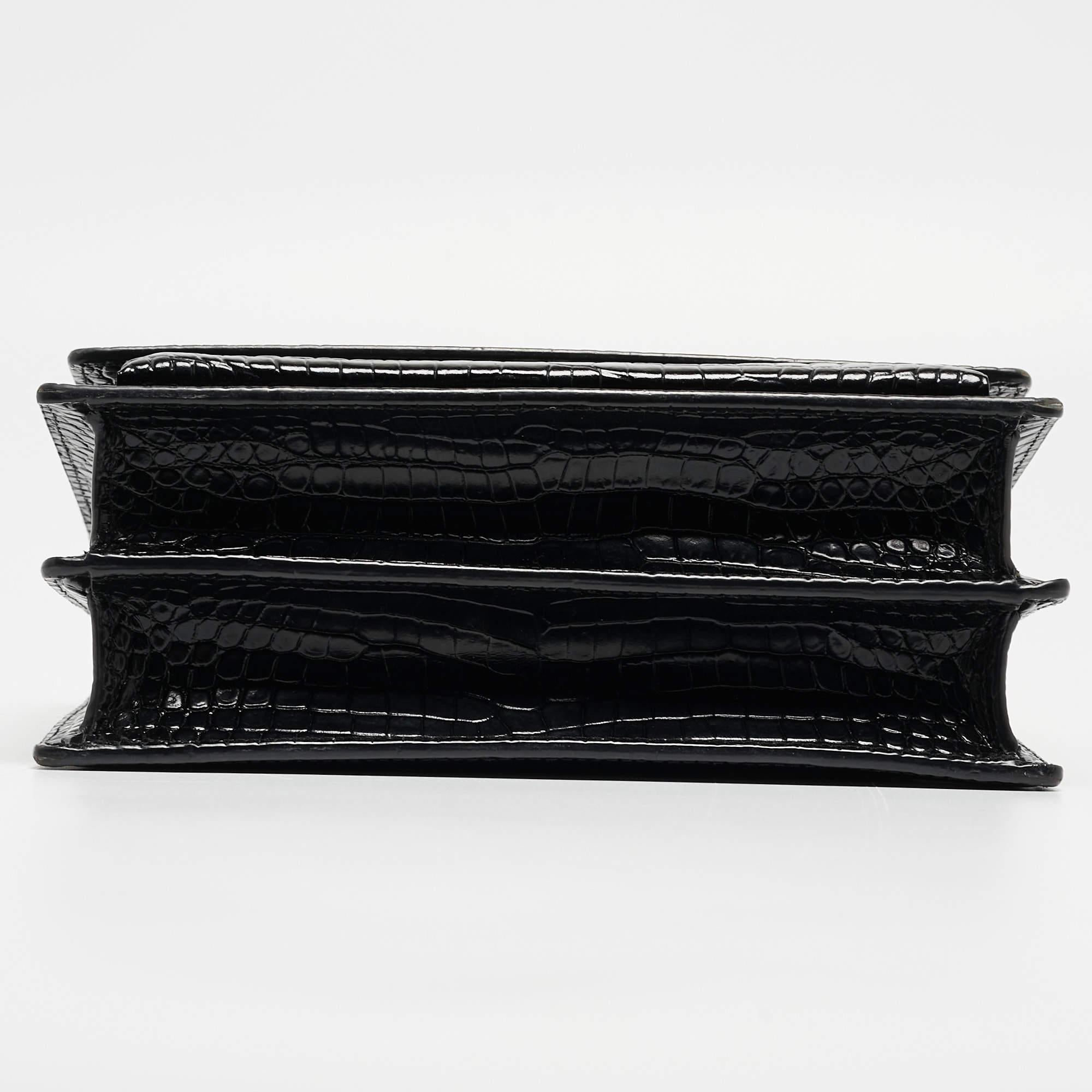 Saint Laurent Black Croc Embossed Leather Medium Sunset Bag 9